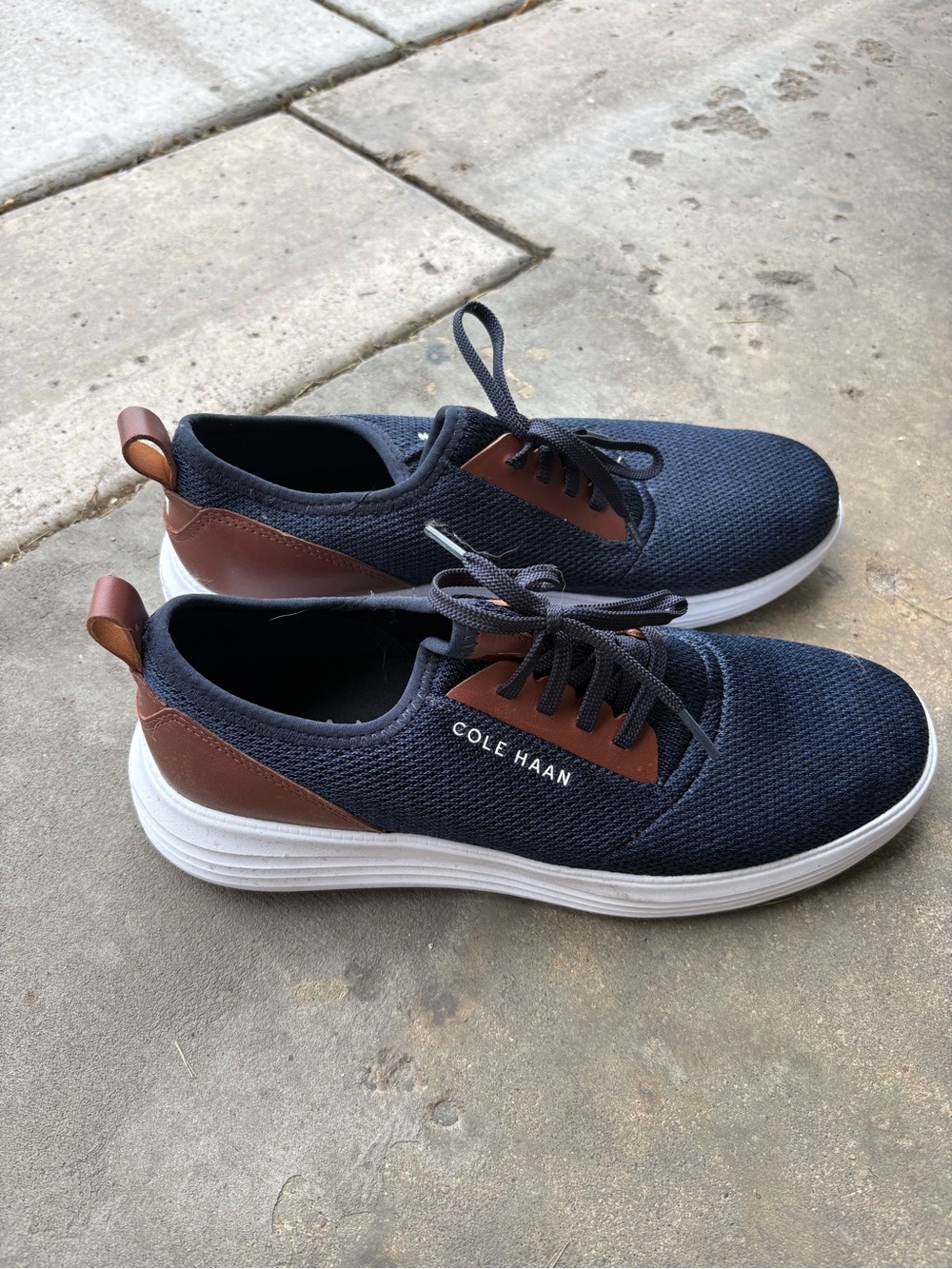 Cole Haan Navy Knit Sneakers with Brown Leather Accents